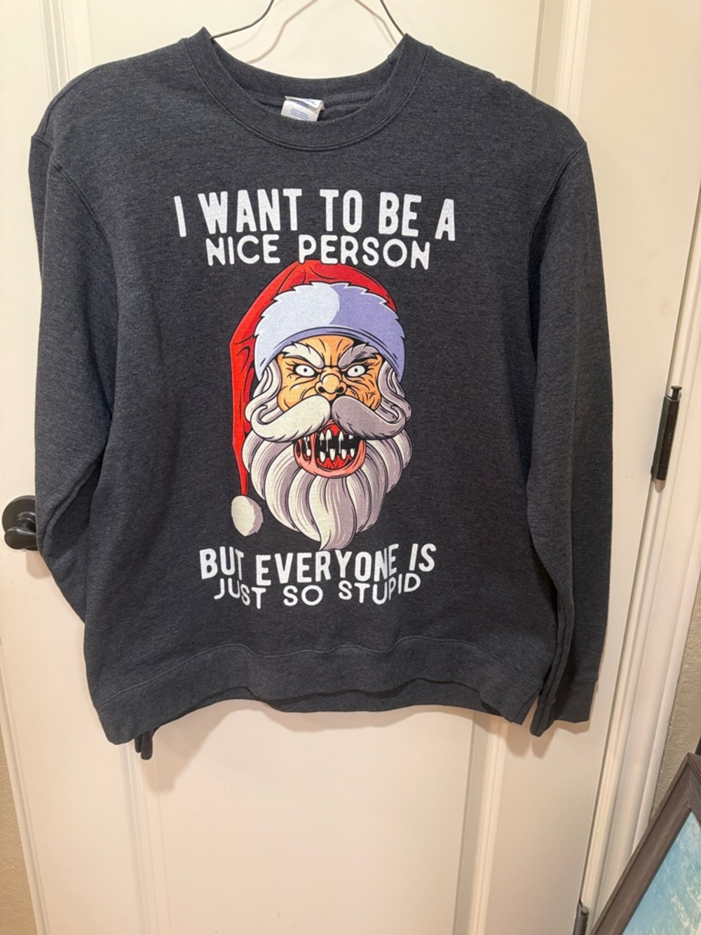 Port and Company Dark Gray Crewneck Sweatshirt with Red Santa Graphic